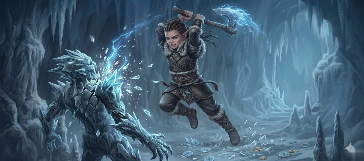 Fantasy combat game scene in an ice cavern